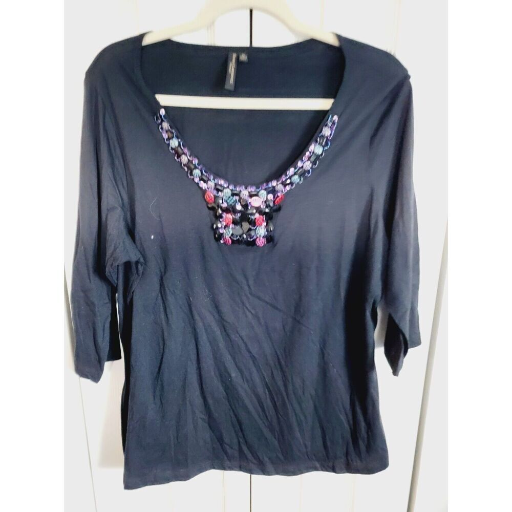 Susan‎ Lawrence 1X Top 3/4 Sleeve Black Large Beading Vintage USA Cotton Blnd